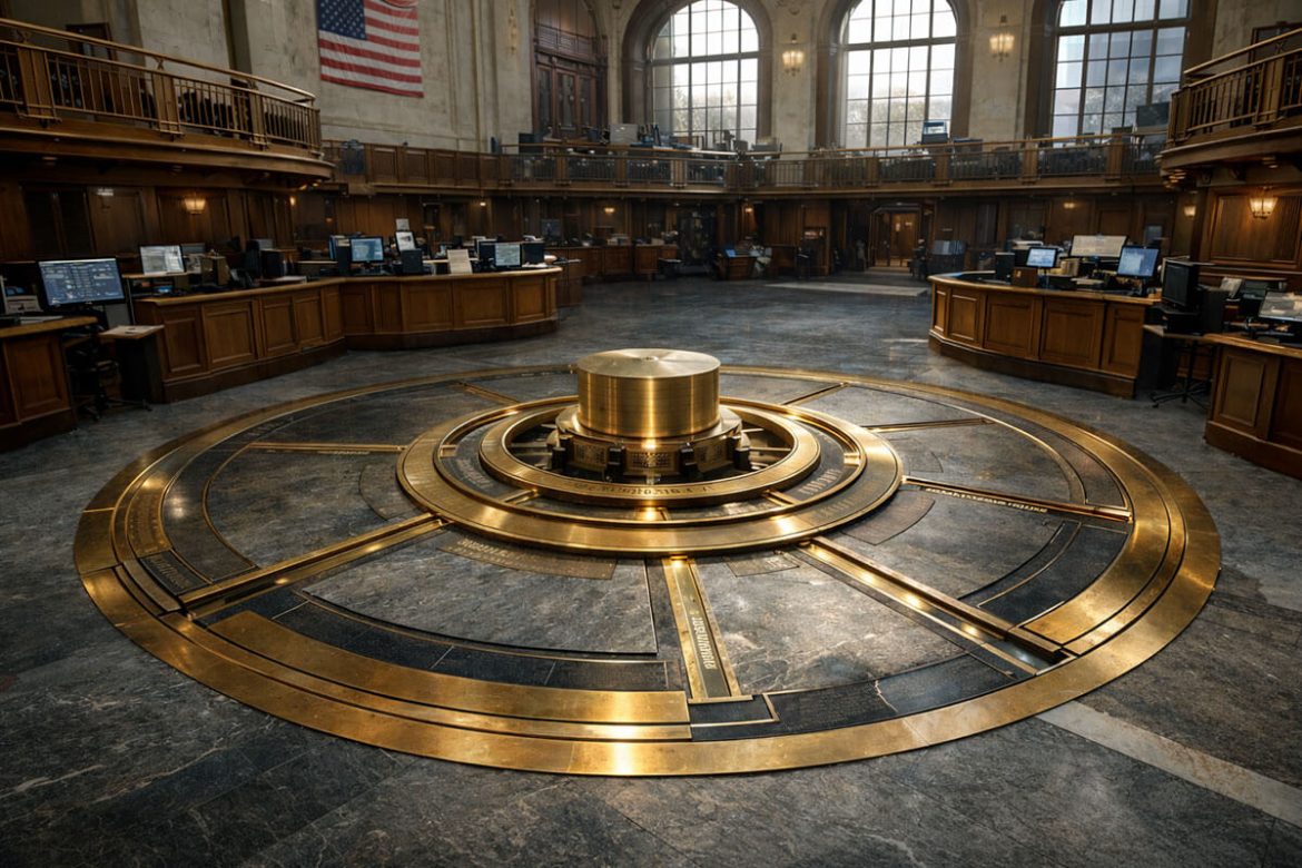 Institutional trading floor built around a vault-like circular mechanism, symbolizing Wall Street’s growing push to control tokenization on its own terms
