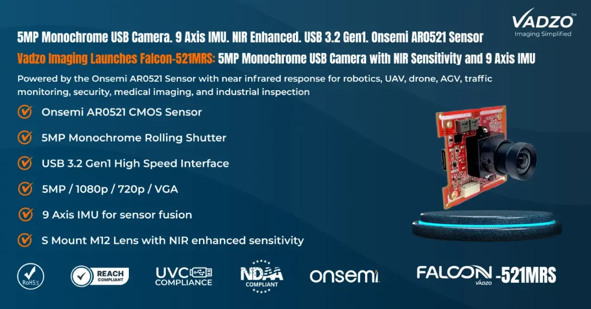 Vadzo Imaging Launches Falcon-521MRS: 5MP Monochrome USB Camera with NIR Sensitivity and 9-Axis IMU Based on Onsemi AR0521